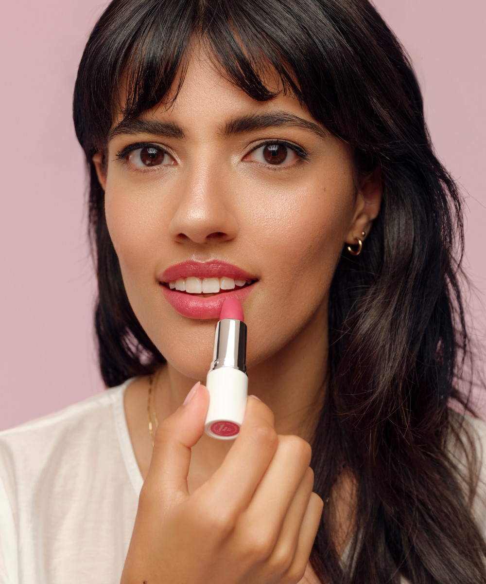 lavera Cream Glow Lipstick -Wild Rose 09- during application